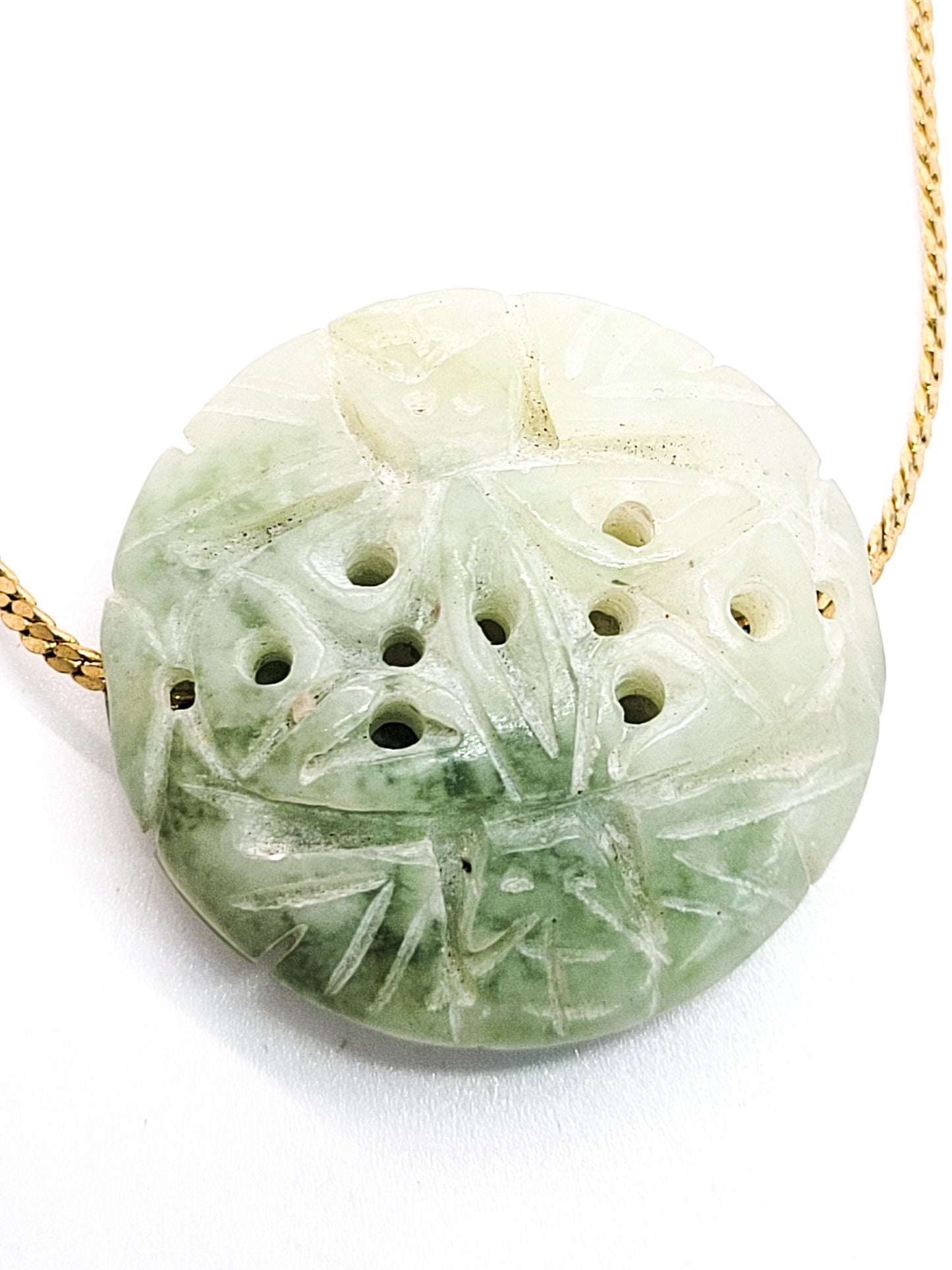 Light green Carved Nephrite Jade vintage slider pendant on gold toned necklace