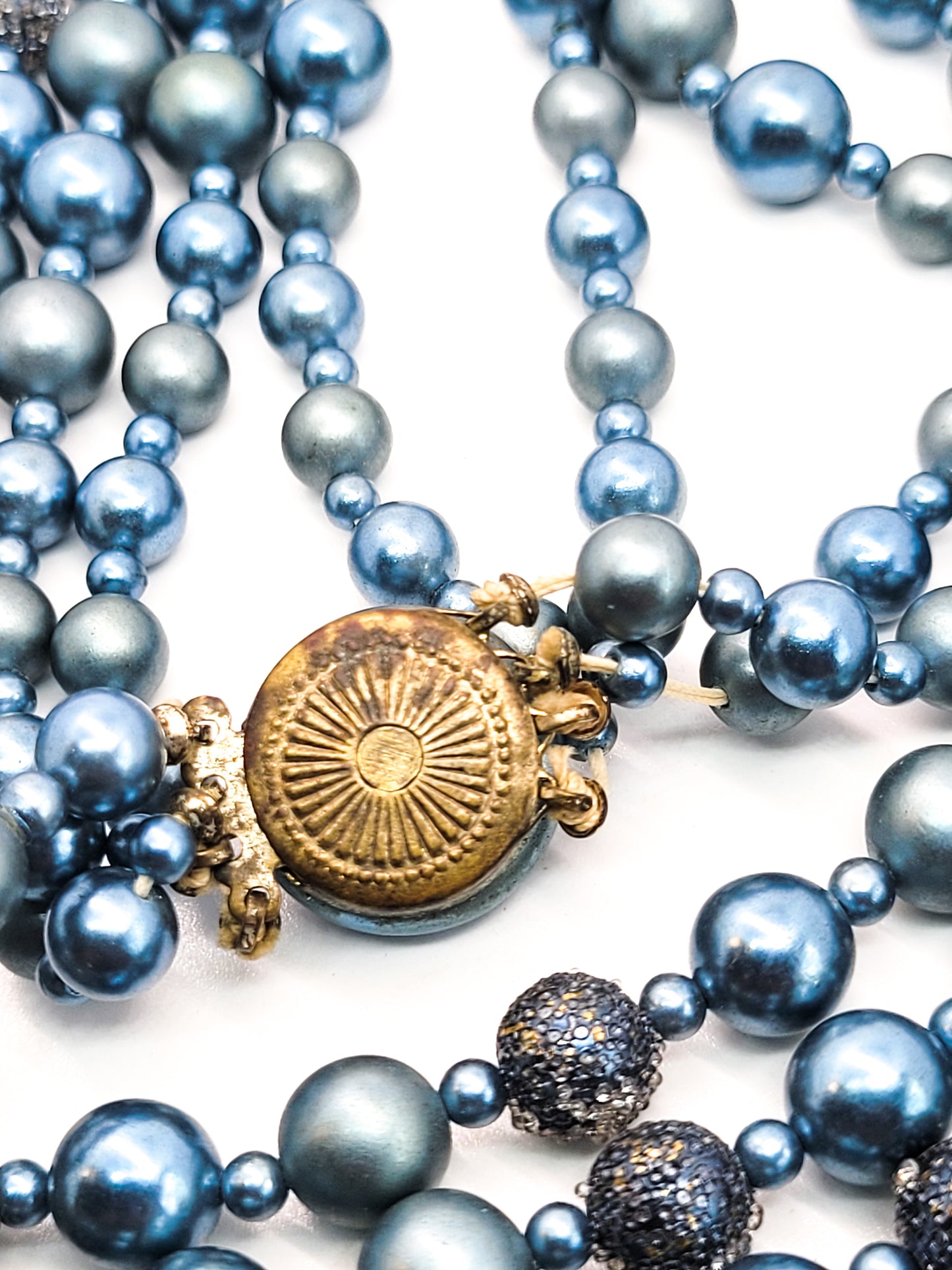 Japan Metallic Blue 4 strand sugar beaded vintage statement necklace mid century