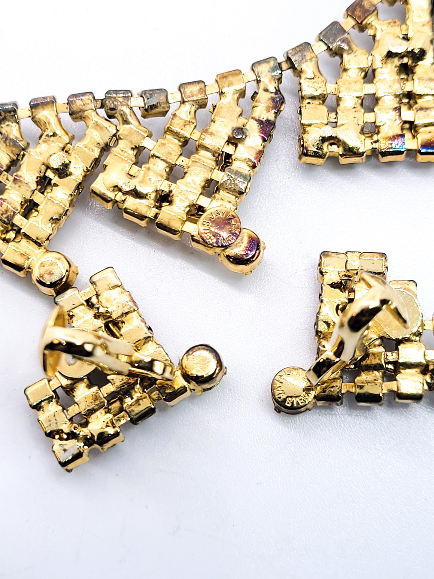 Jay Kel Cheveron sterling silver topaz rhinestone vintage demi set neckalace earrings box