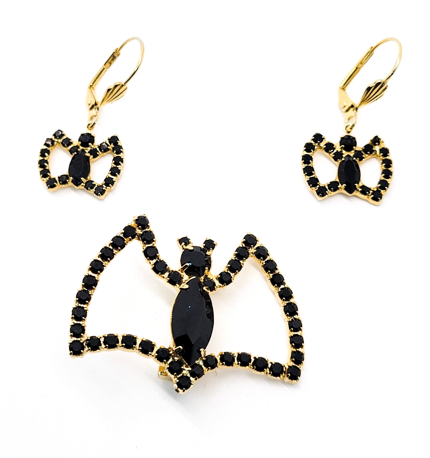 Bats Black and gold black rhinestone brooch and earrings bat demi parure set