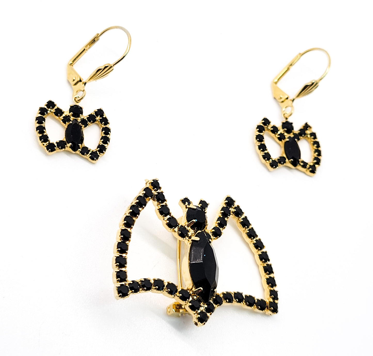 Bats Black and gold black rhinestone brooch and earrings bat demi parure set