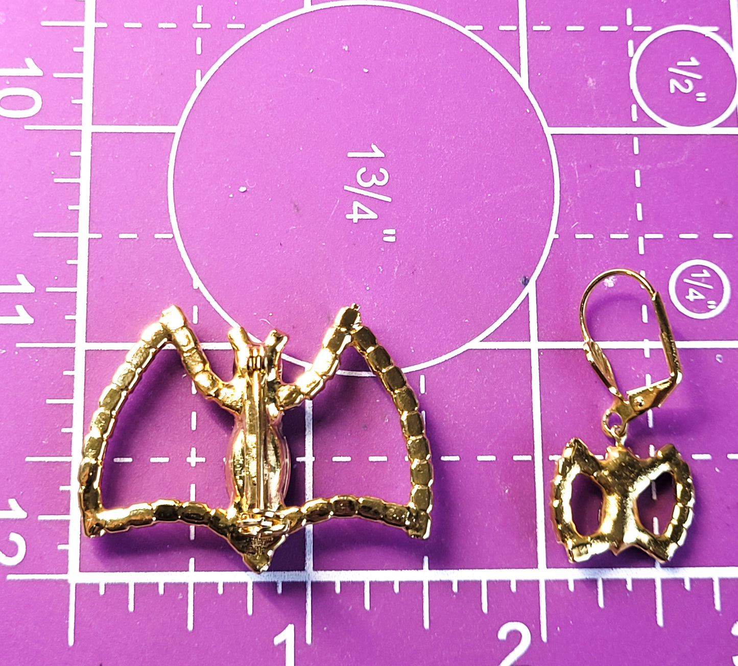 Bats Black and gold black rhinestone brooch and earrings bat demi parure set
