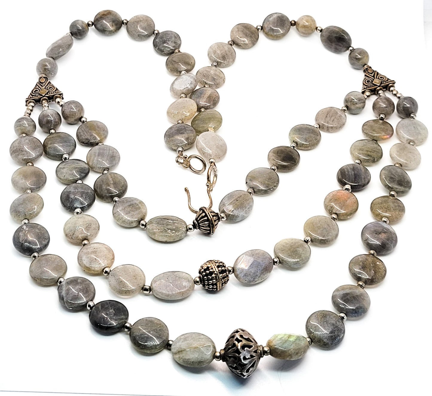 Three tiered flashy labradorite disk sterling silver vintage festoon necklace
