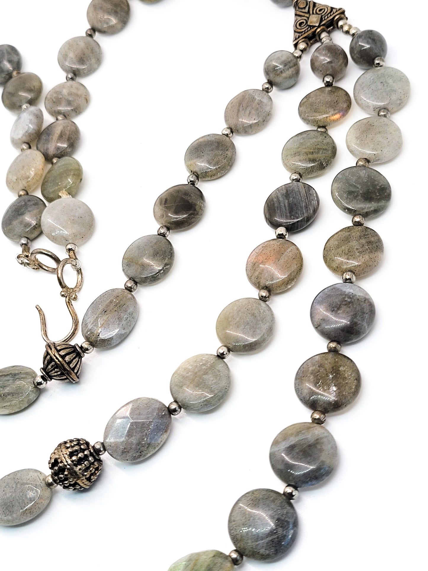 Three tiered flashy labradorite disk sterling silver vintage festoon necklace