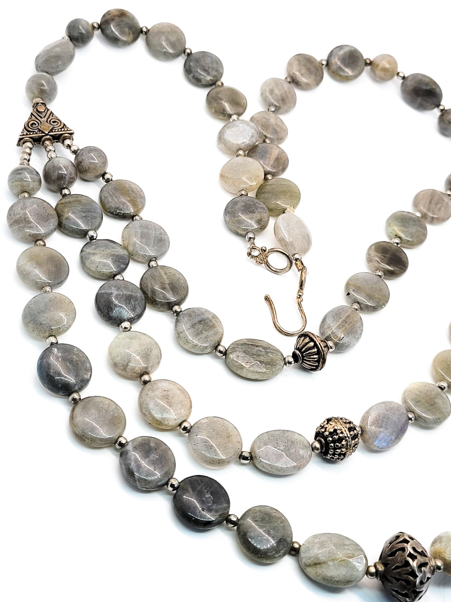 Three tiered flashy labradorite disk sterling silver vintage festoon necklace