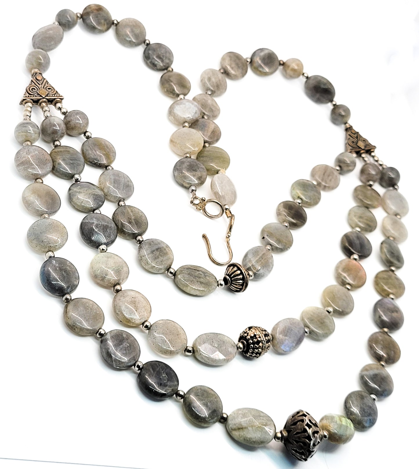 Three tiered flashy labradorite disk sterling silver vintage festoon necklace