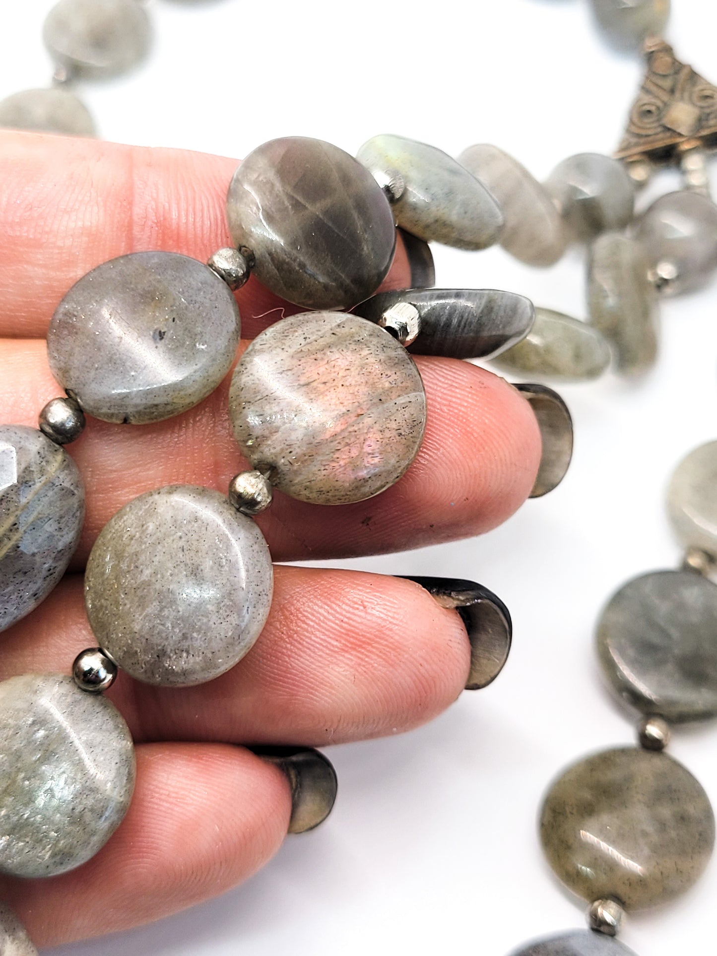 Three tiered flashy labradorite disk sterling silver vintage festoon necklace