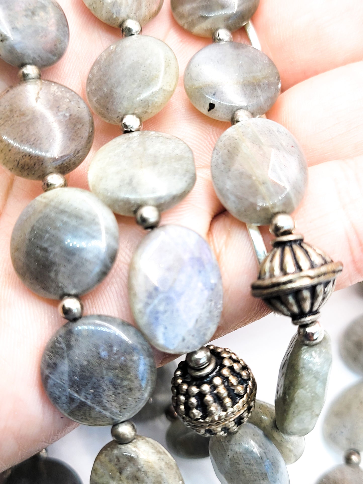 Three tiered flashy labradorite disk sterling silver vintage festoon necklace