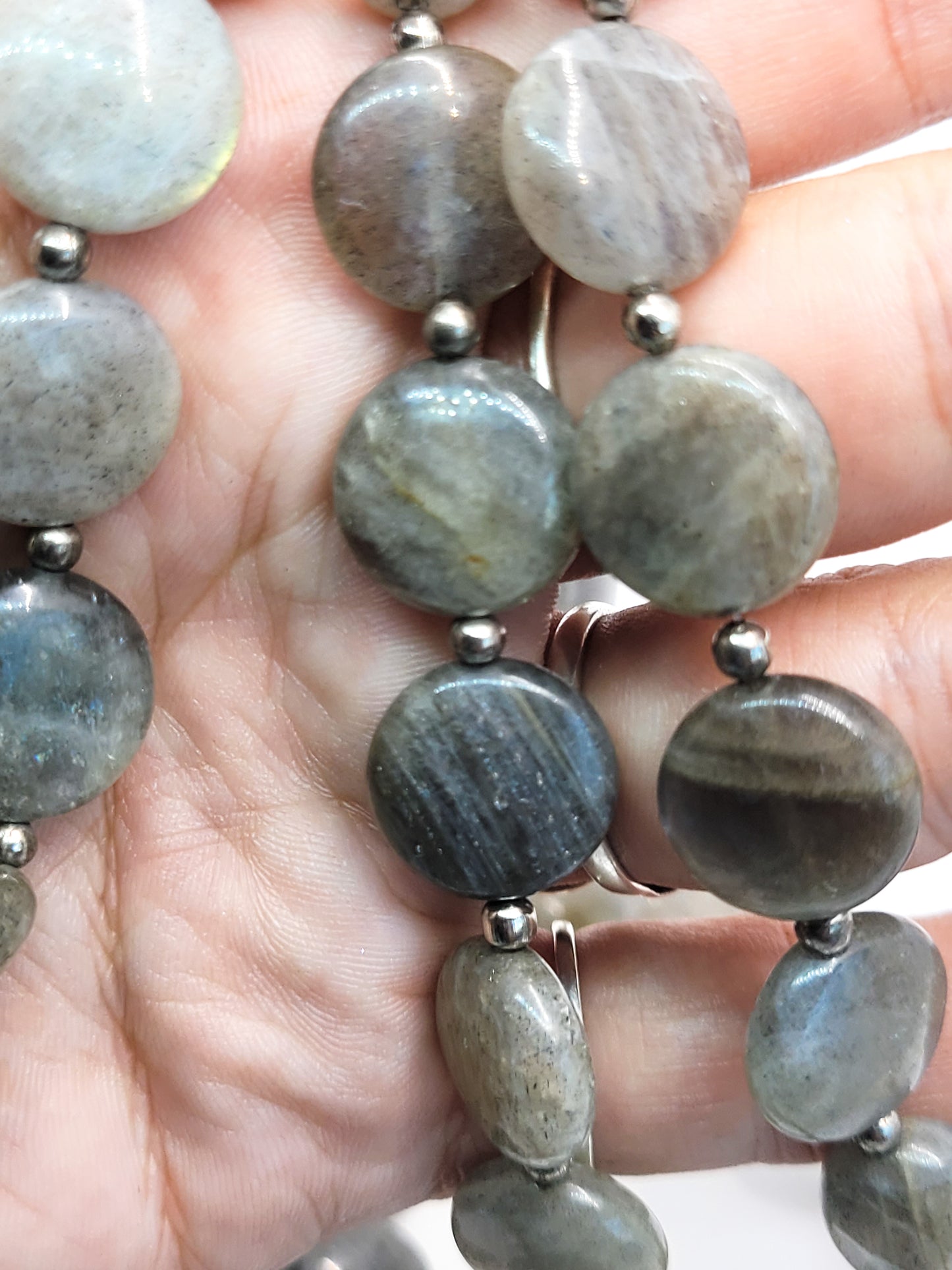 Three tiered flashy labradorite disk sterling silver vintage festoon necklace