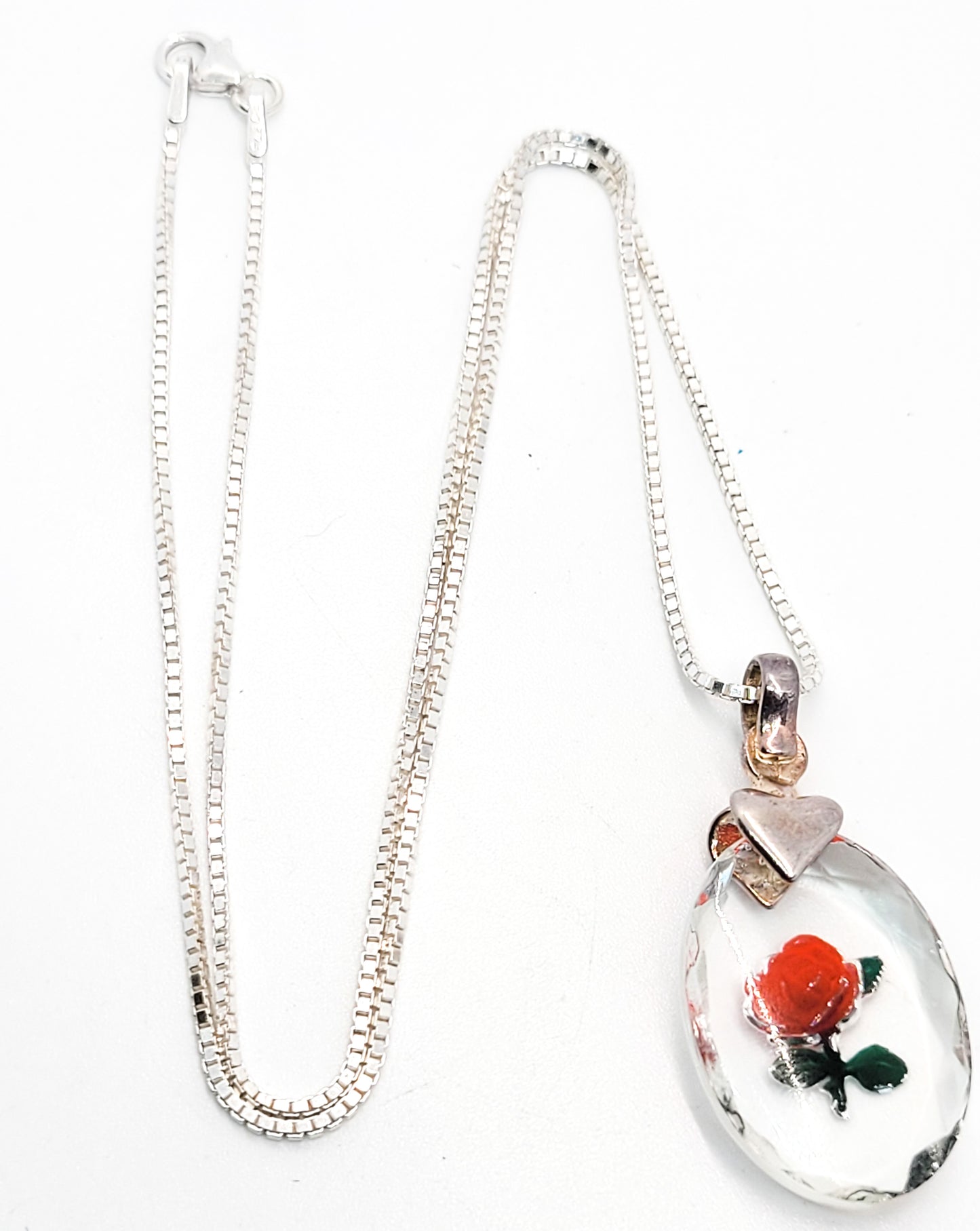 Reverse painted Rose on crystal Milor Italy sterling silver pendant necklace