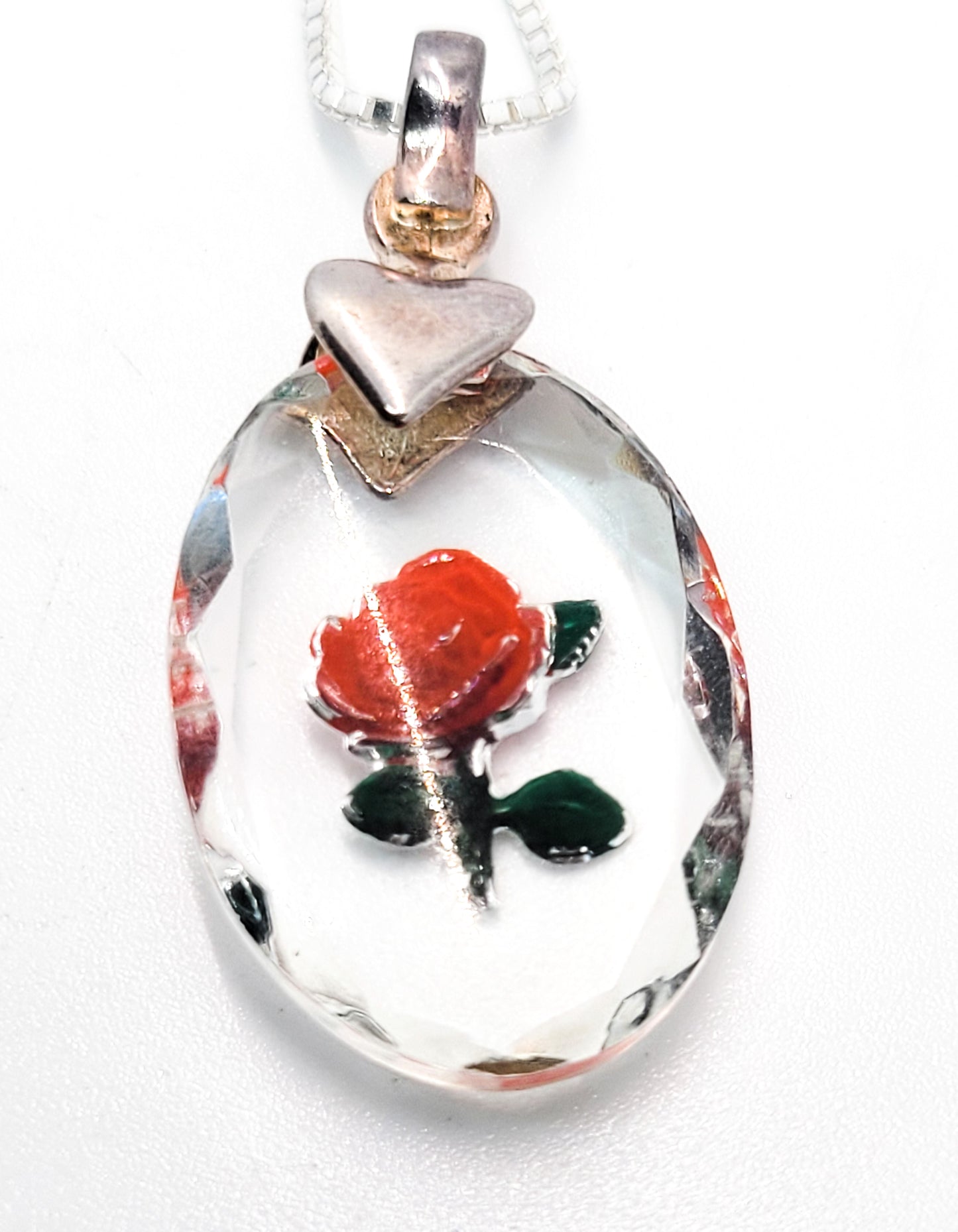 Reverse painted Rose on crystal Milor Italy sterling silver pendant necklace
