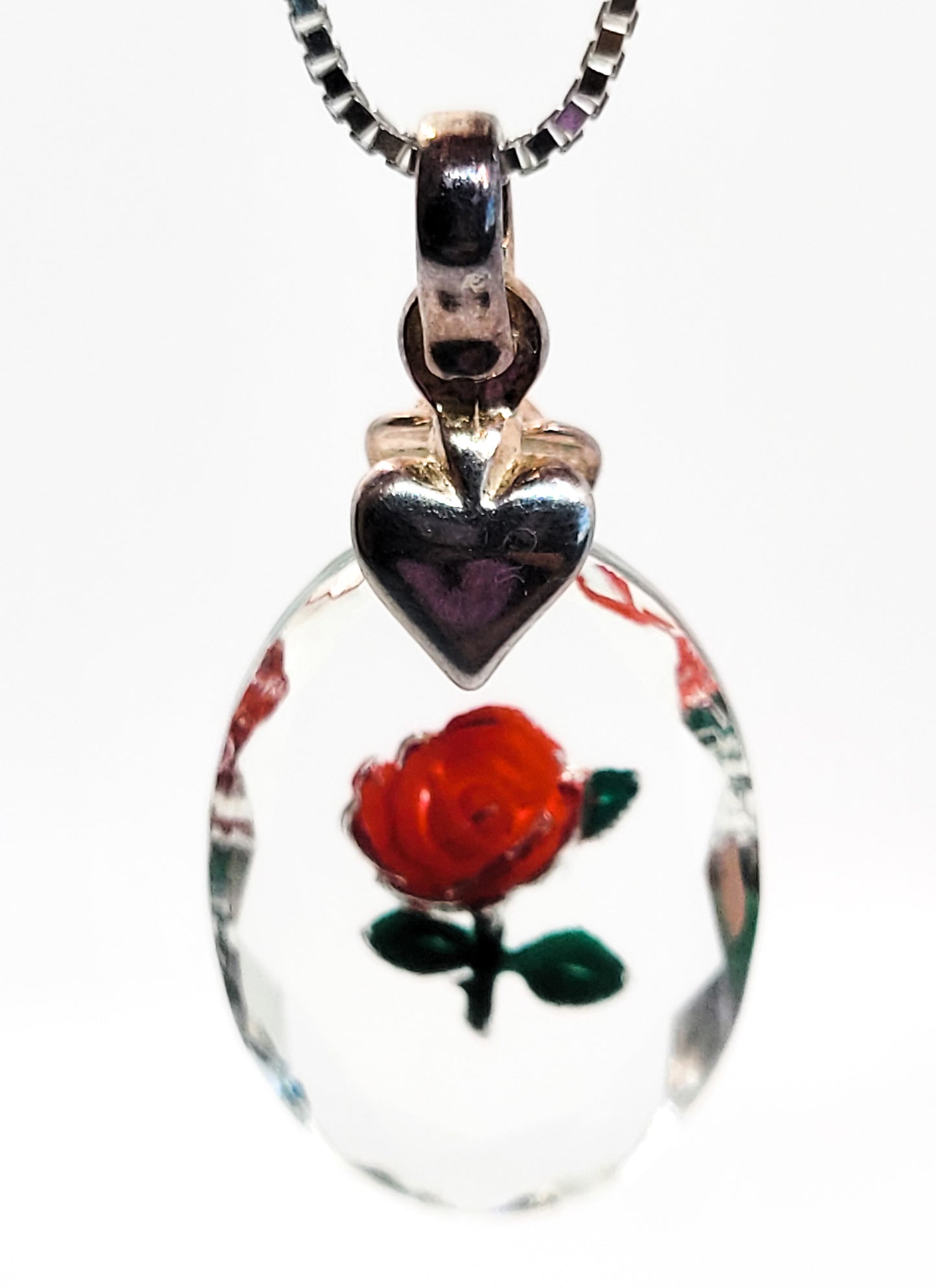 Reverse painted Rose on crystal Milor Italy sterling silver pendant necklace