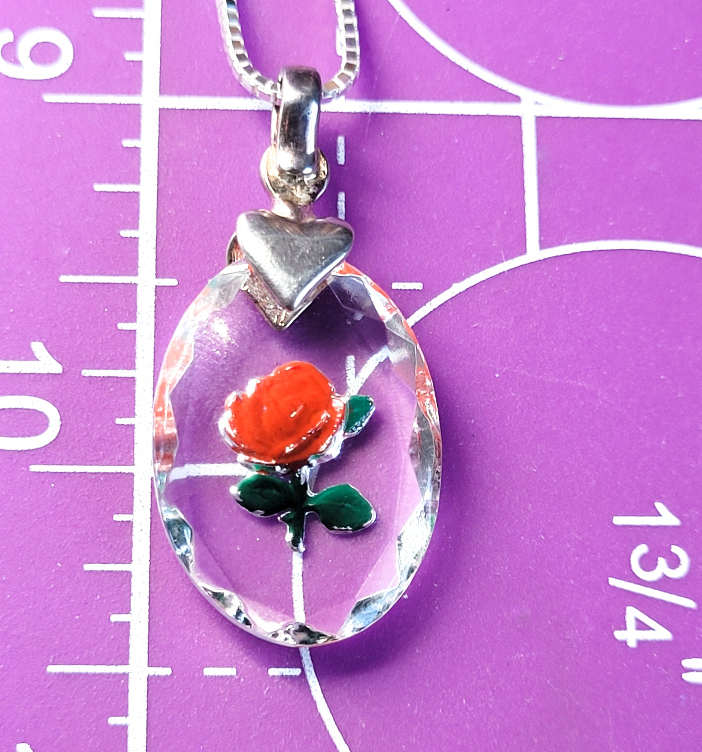 Reverse painted Rose on crystal Milor Italy sterling silver pendant necklace