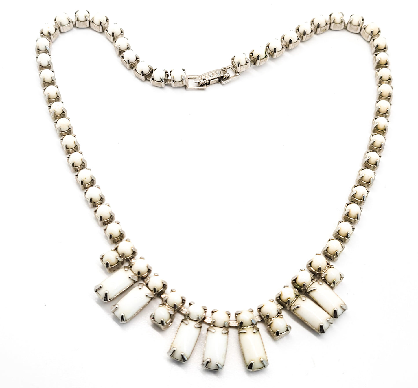 Milk glass baguette vintage white small rhinestone collar necklace mid century