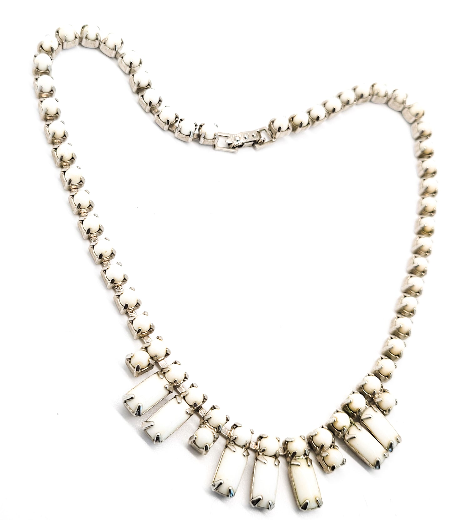 Milk glass baguette vintage white small rhinestone collar necklace mid century