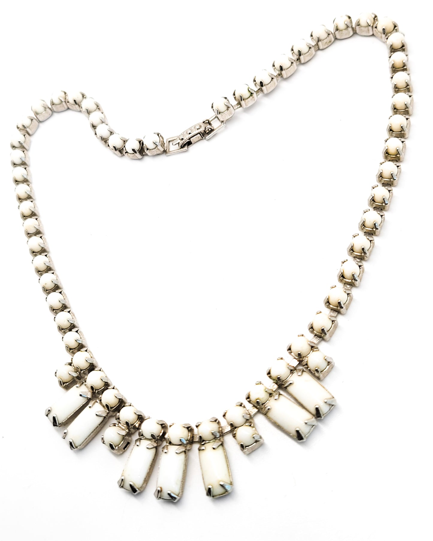 Milk glass baguette vintage white small rhinestone collar necklace mid century