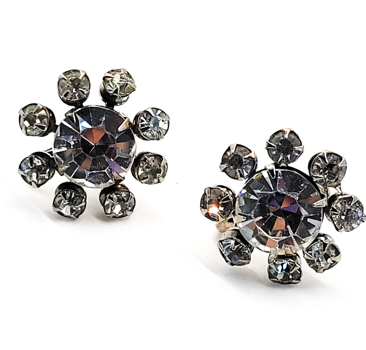 Bright clear Atomic flower clear rhinestone vintage screw back earrings