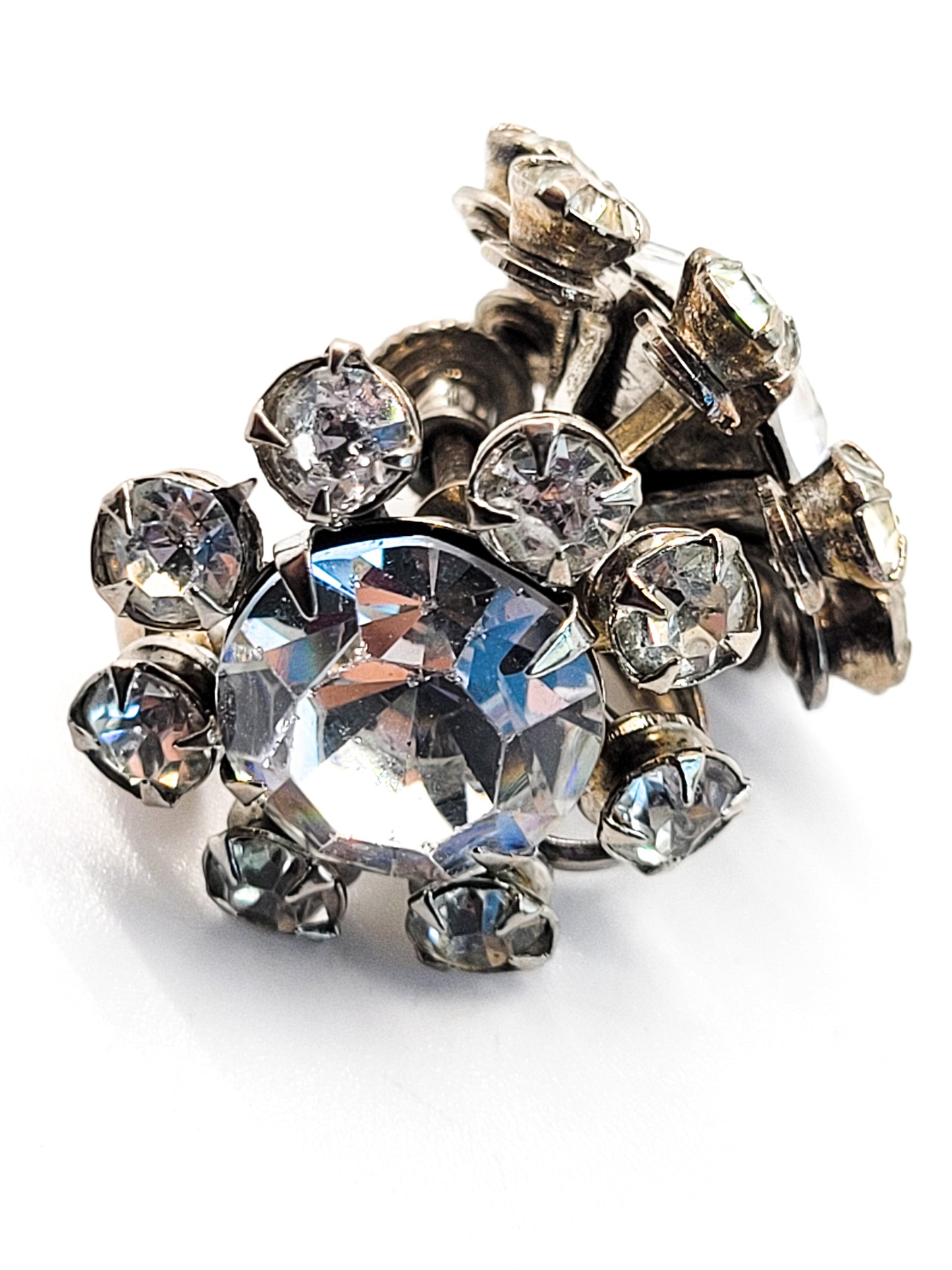 Bright clear Atomic flower clear rhinestone vintage screw back earrings