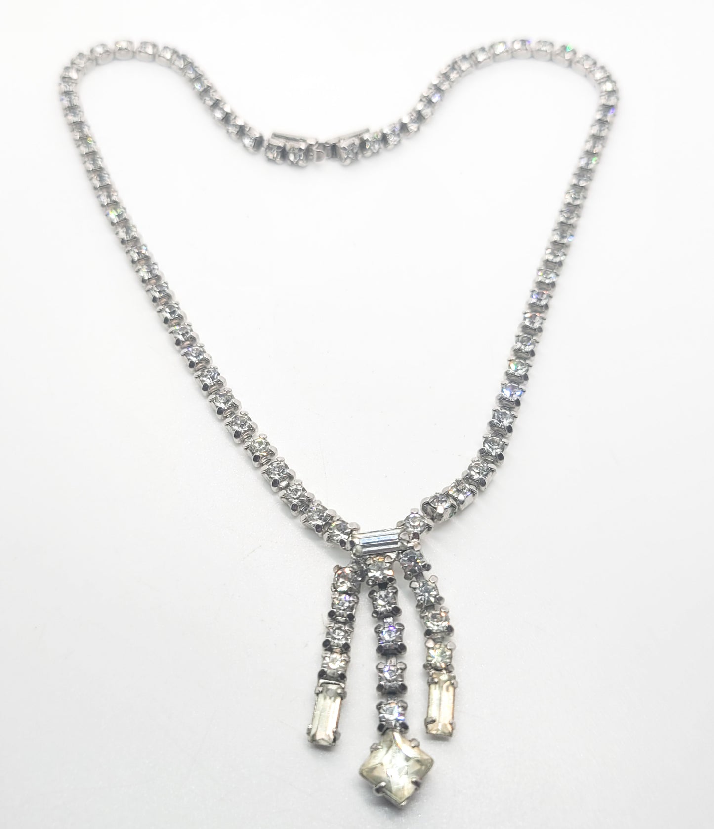 Waterfall clear vintage rhinestone princess cut necklace retro mid century