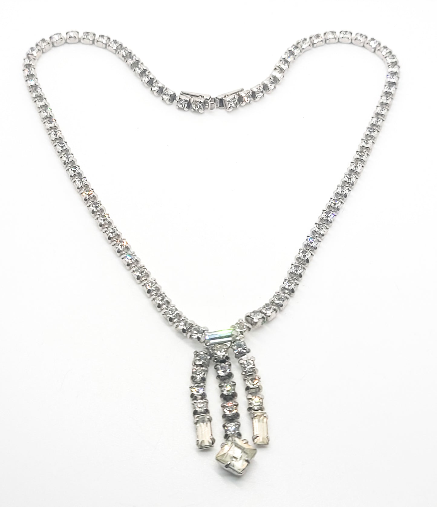 Waterfall clear vintage rhinestone princess cut necklace retro mid century