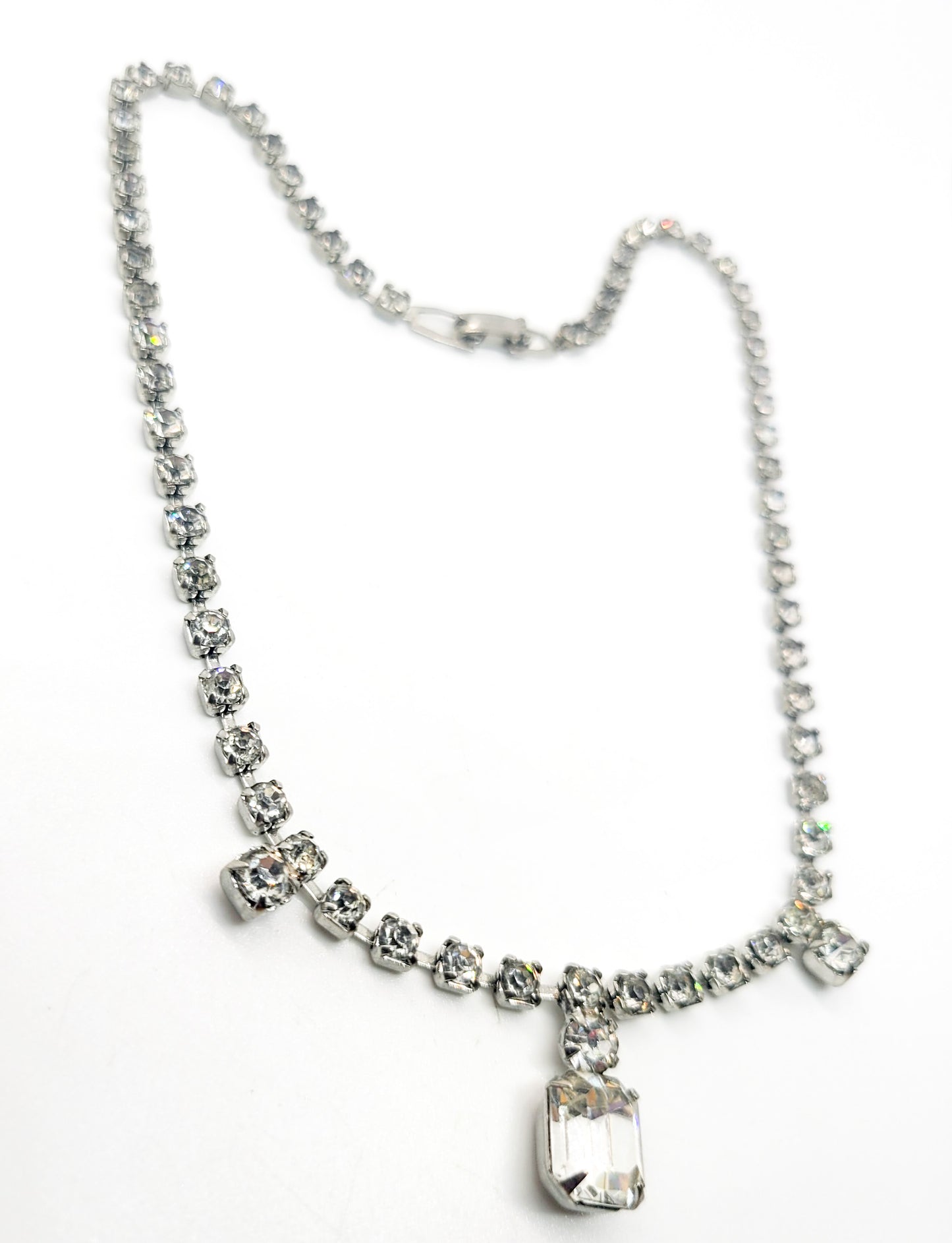 Emerald cut clear rhinestone dainty vintage collar necklace mid century