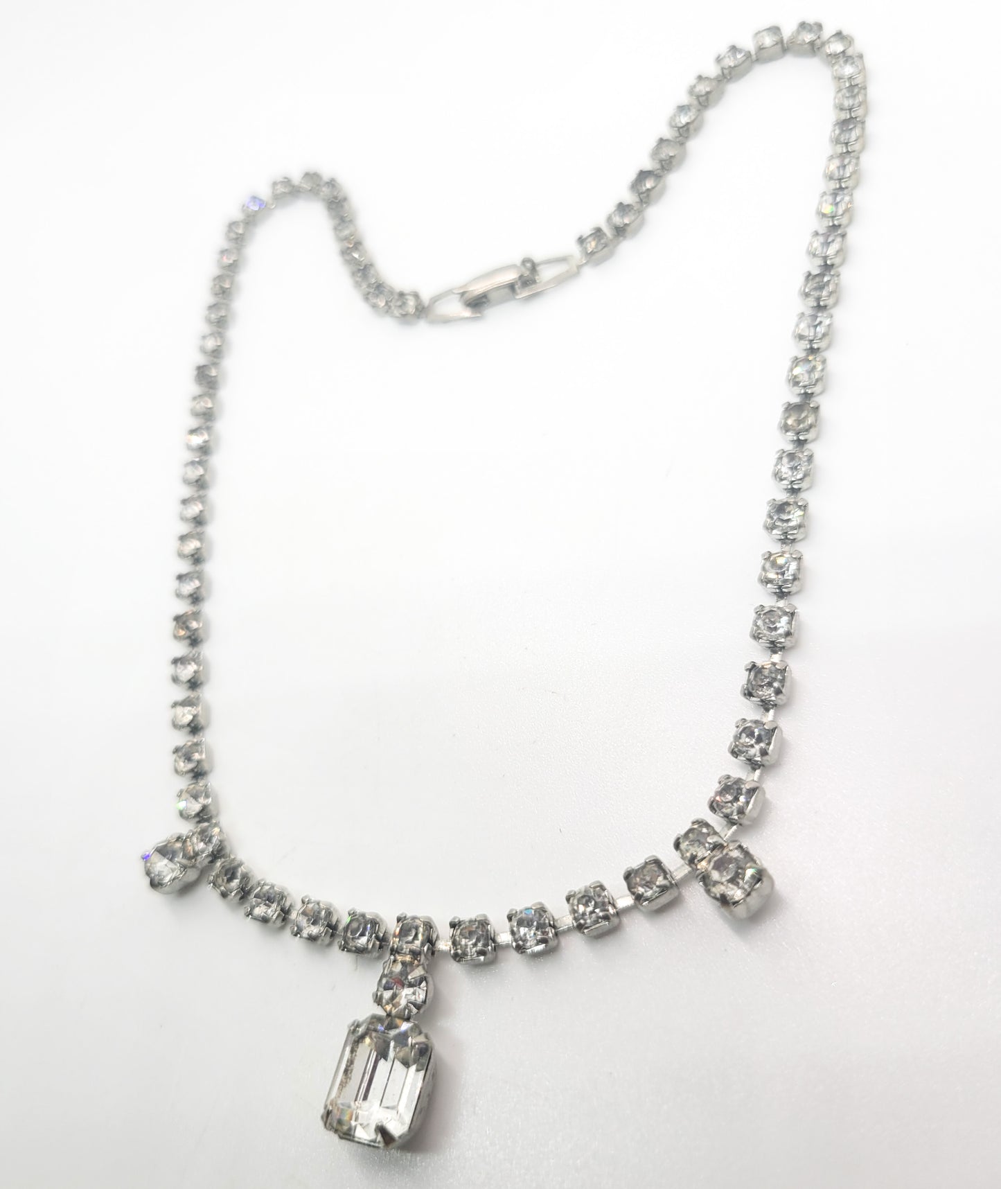 Emerald cut clear rhinestone dainty vintage collar necklace mid century