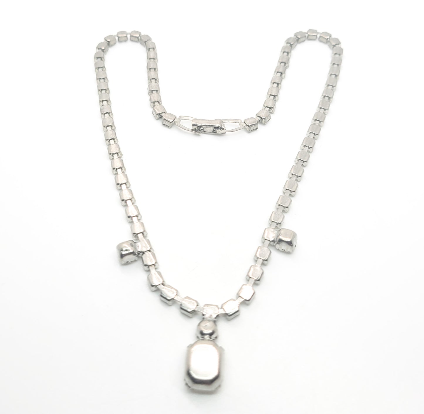 Emerald cut clear rhinestone dainty vintage collar necklace mid century