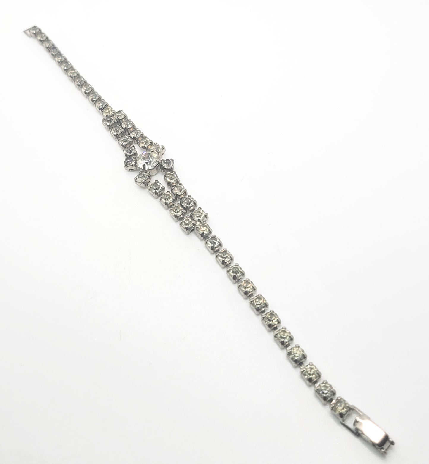 Chevron clear rhinestone prong set vintage tennis bracelet mid century
