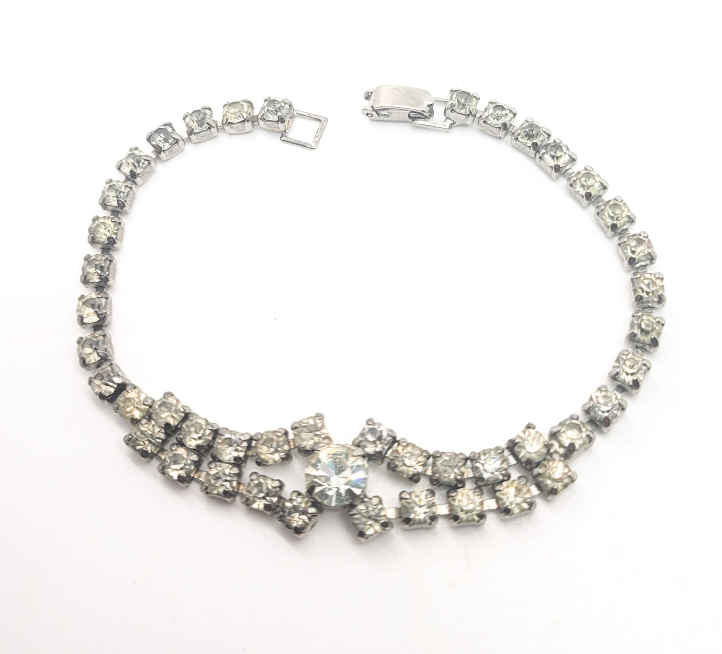 Chevron clear rhinestone prong set vintage tennis bracelet mid century