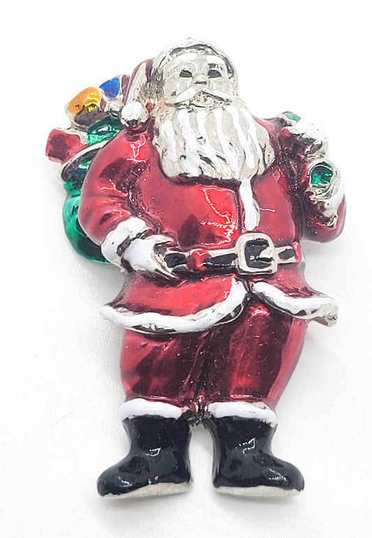Santa with presents Christmas silver tone painted vintage holiday brooch