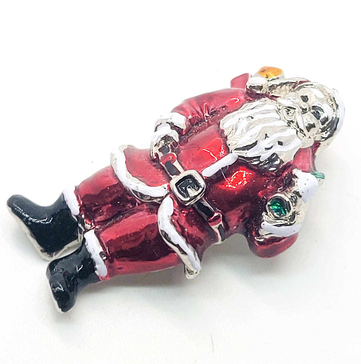 Santa with presents Christmas silver tone painted vintage holiday brooch