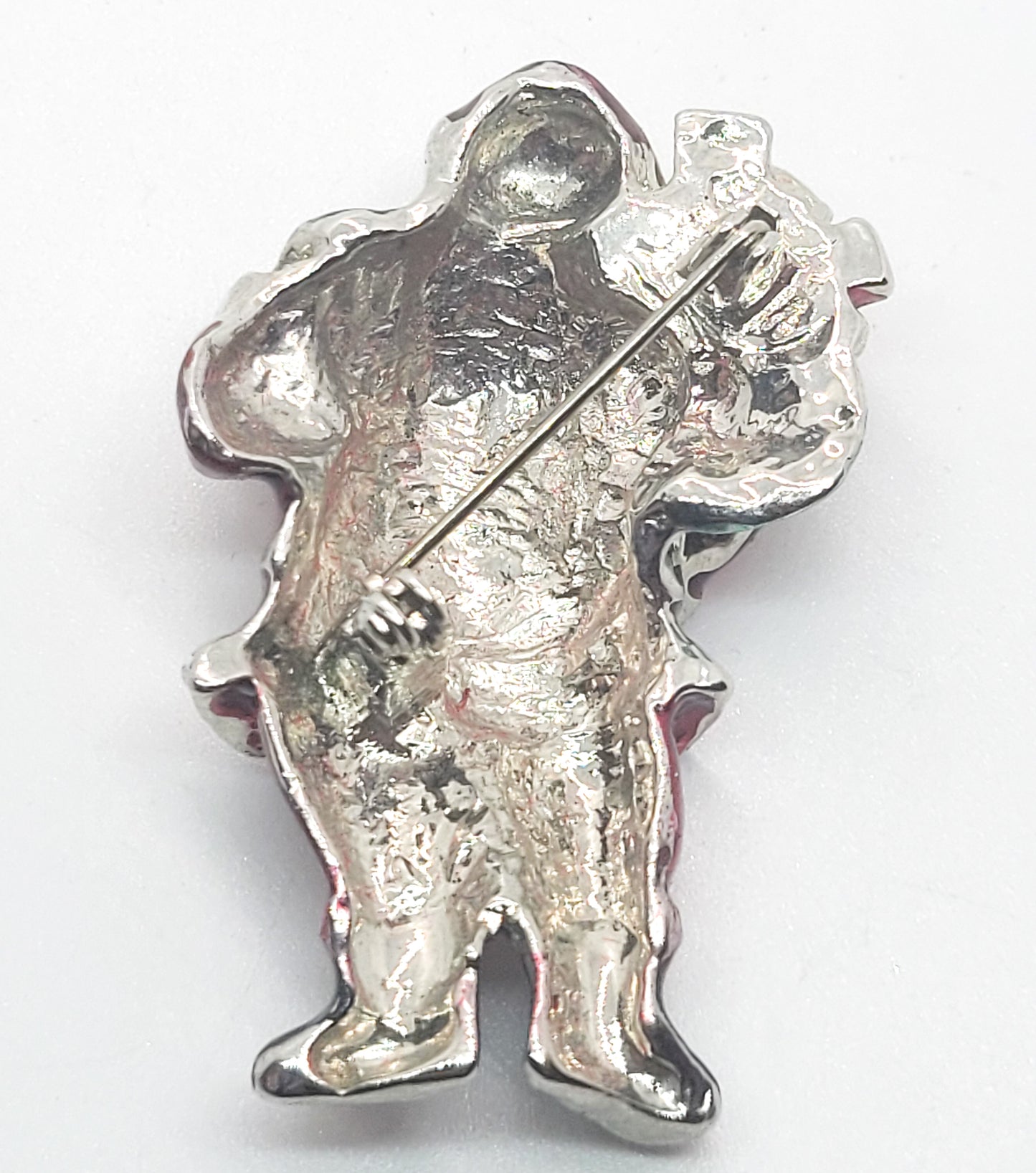 Santa with presents Christmas silver tone painted vintage holiday brooch
