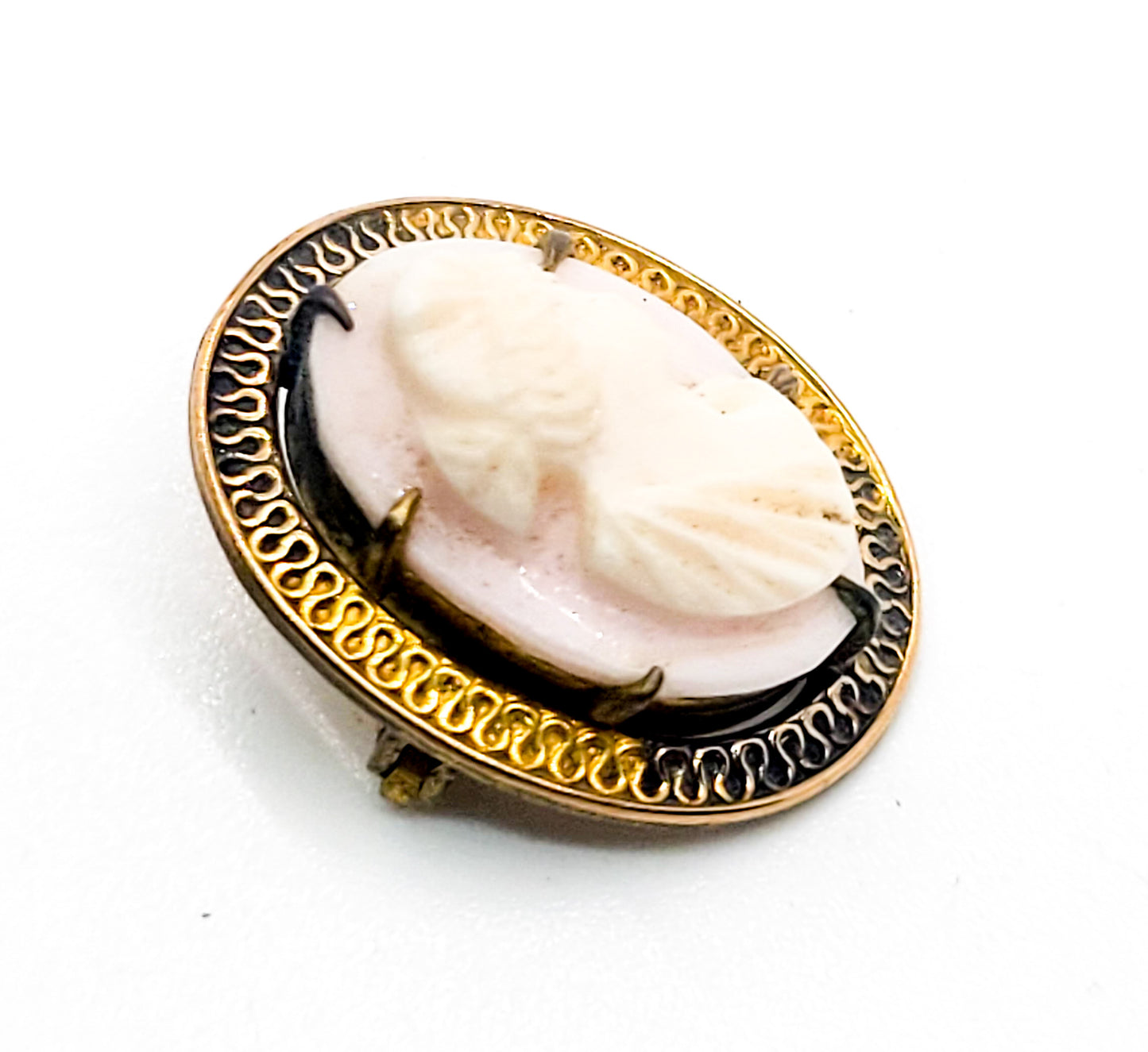 John H Peckham JHP antique pink glass small gold filled cameo brooch