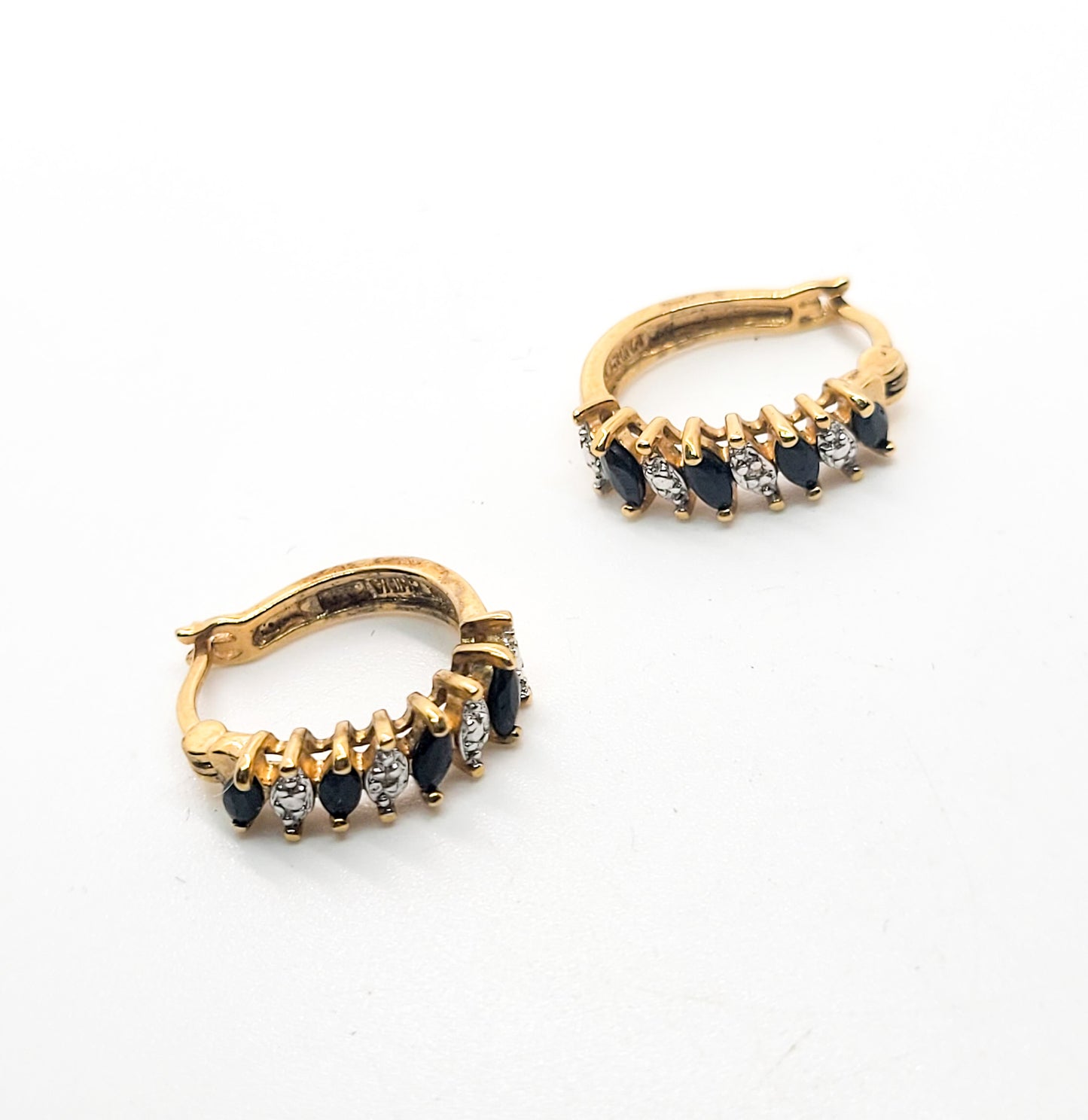 Black spinel gold over sterling silver vintage leverback hoop earrings