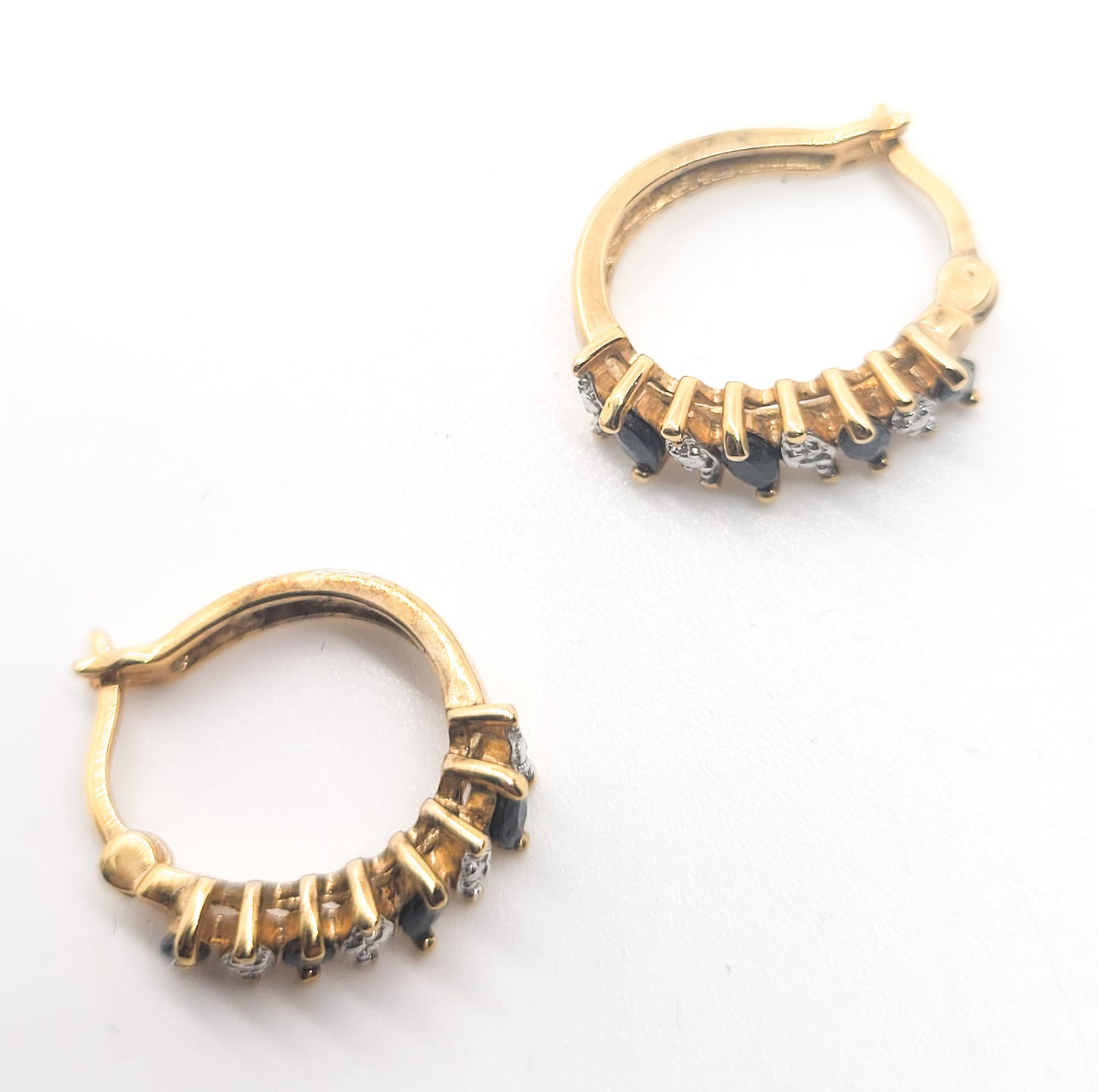 Black spinel gold over sterling silver vintage leverback hoop earrings