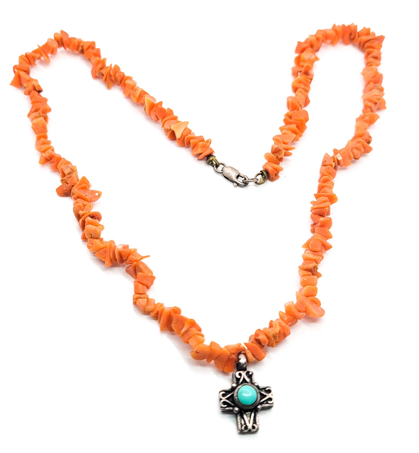 Turquoise Sterling silver cross on natural coral chip pendant necklace