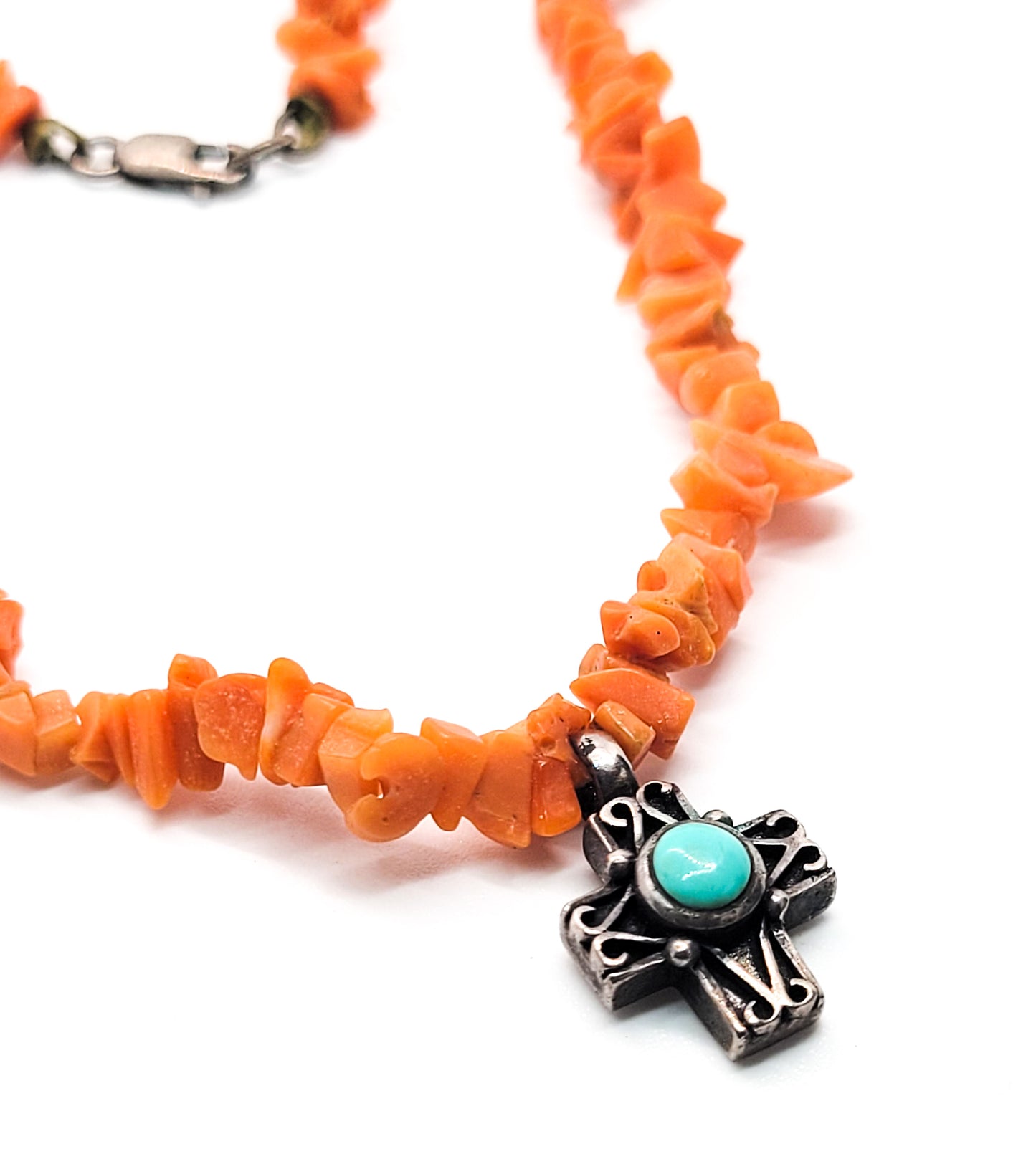 Turquoise Sterling silver cross on natural coral chip pendant necklace