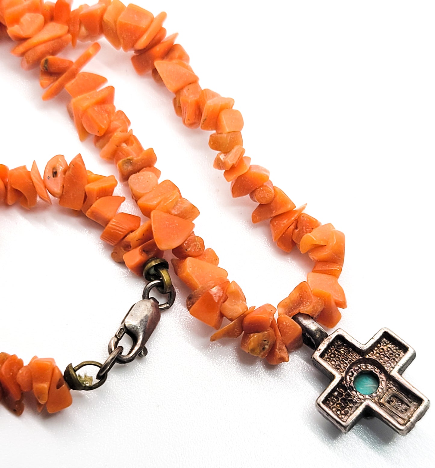 Turquoise Sterling silver cross on natural coral chip pendant necklace