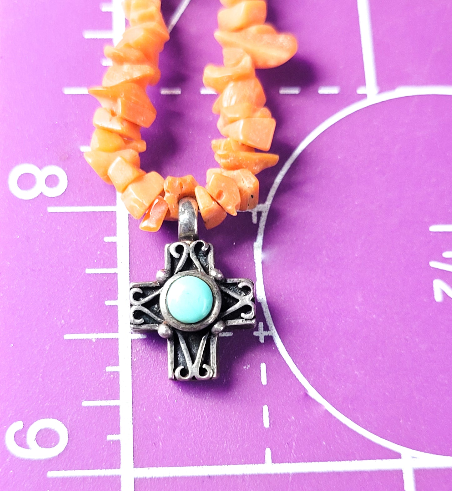 Turquoise Sterling silver cross on natural coral chip pendant necklace