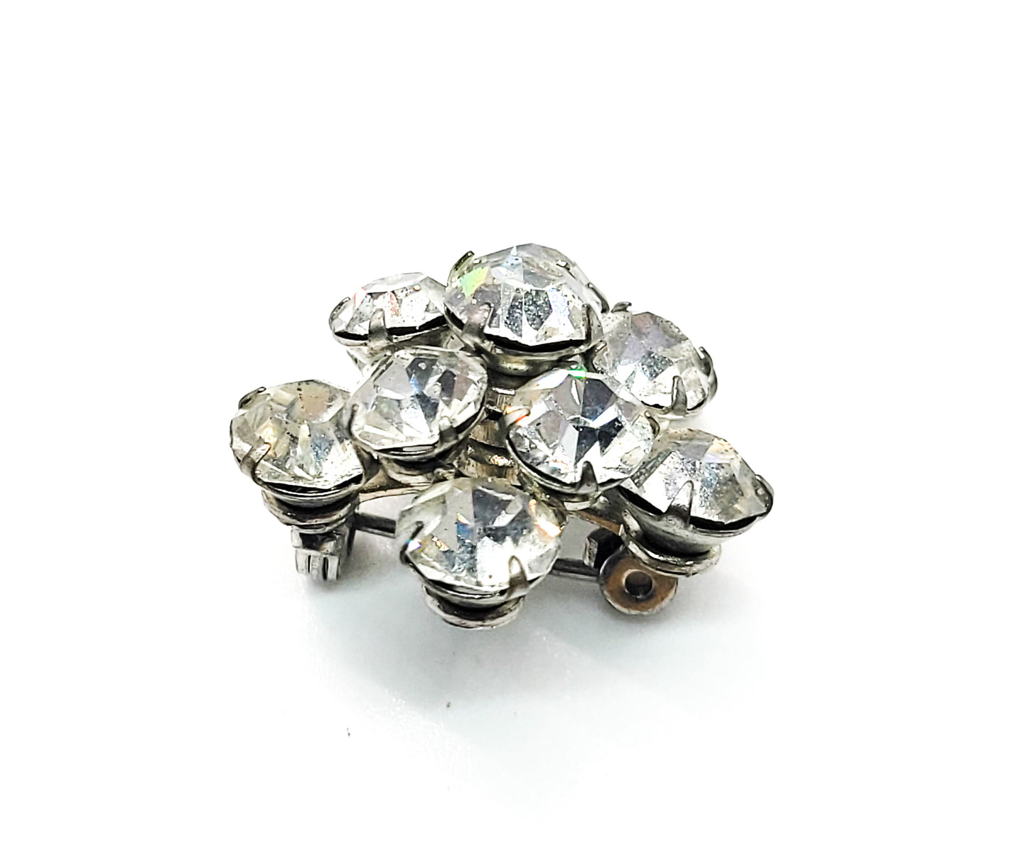 Bright clear rhinestone dimentional mid century flower vintage brooch