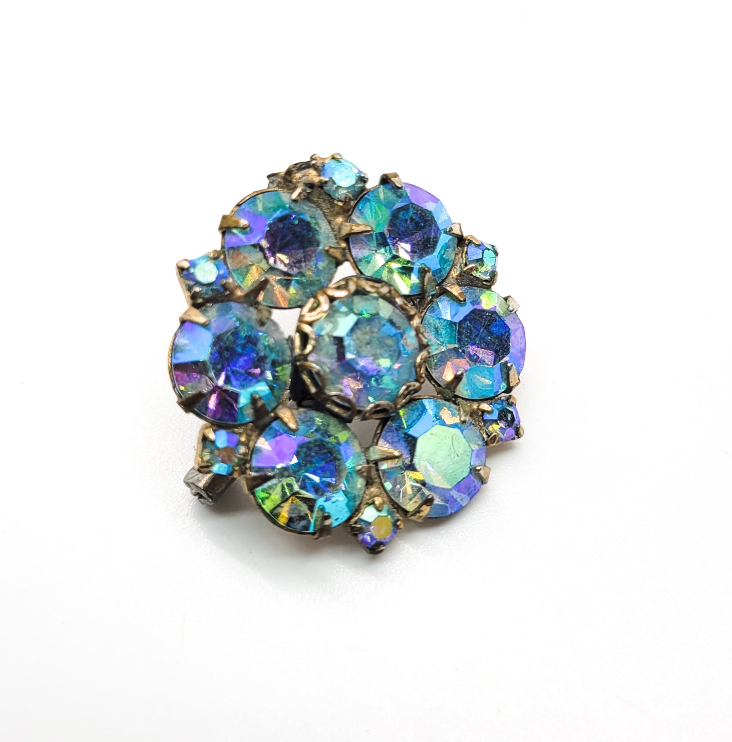 Blue Aurora borealis rainbow coated vintage rhinestone brooch handcrafted