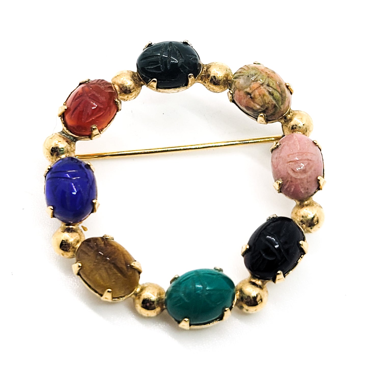 Egyptian revival Carved Gemstone Scarab beetle gold filled vintage circle brooch