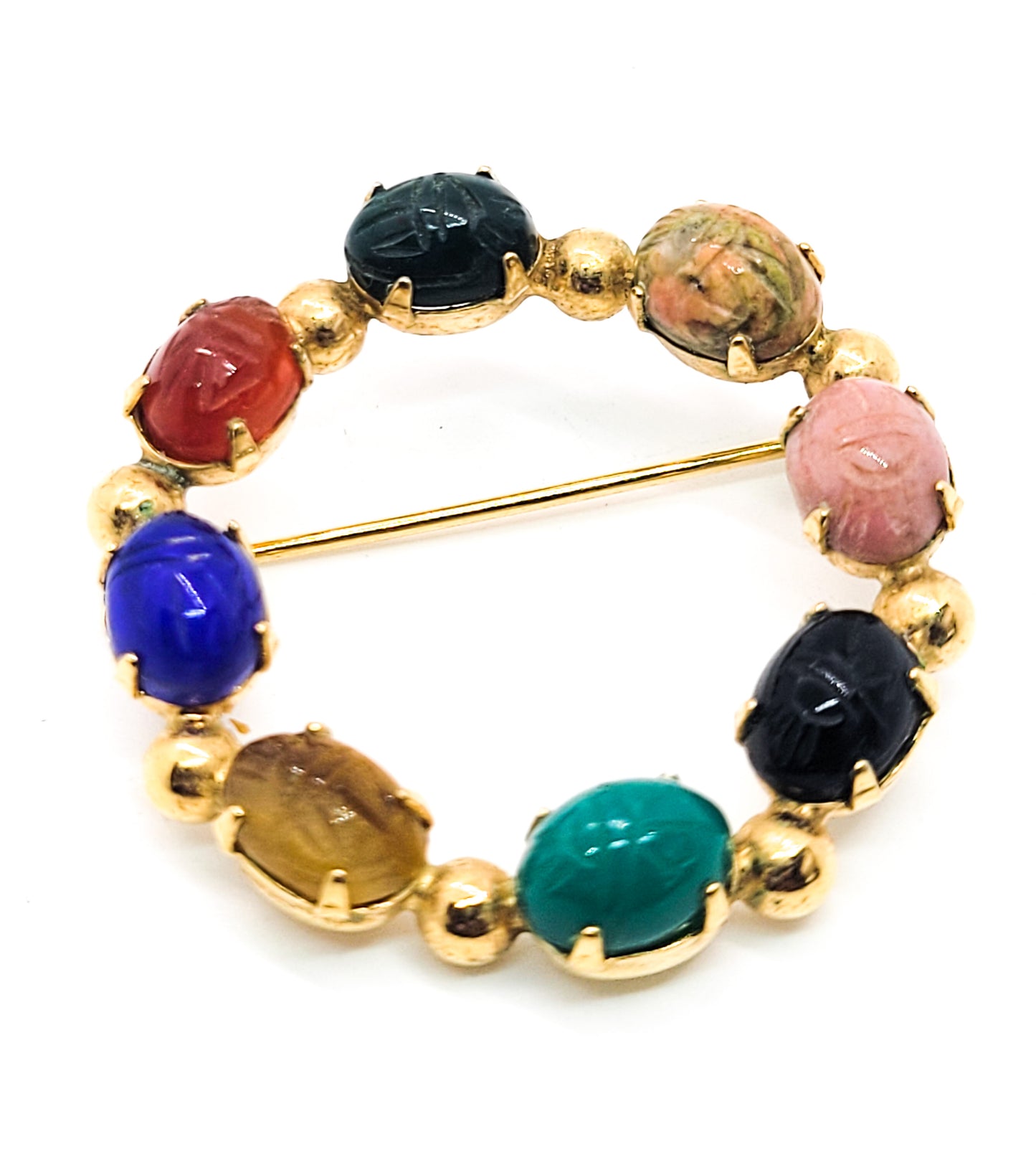 Egyptian revival Carved Gemstone Scarab beetle gold filled vintage circle brooch