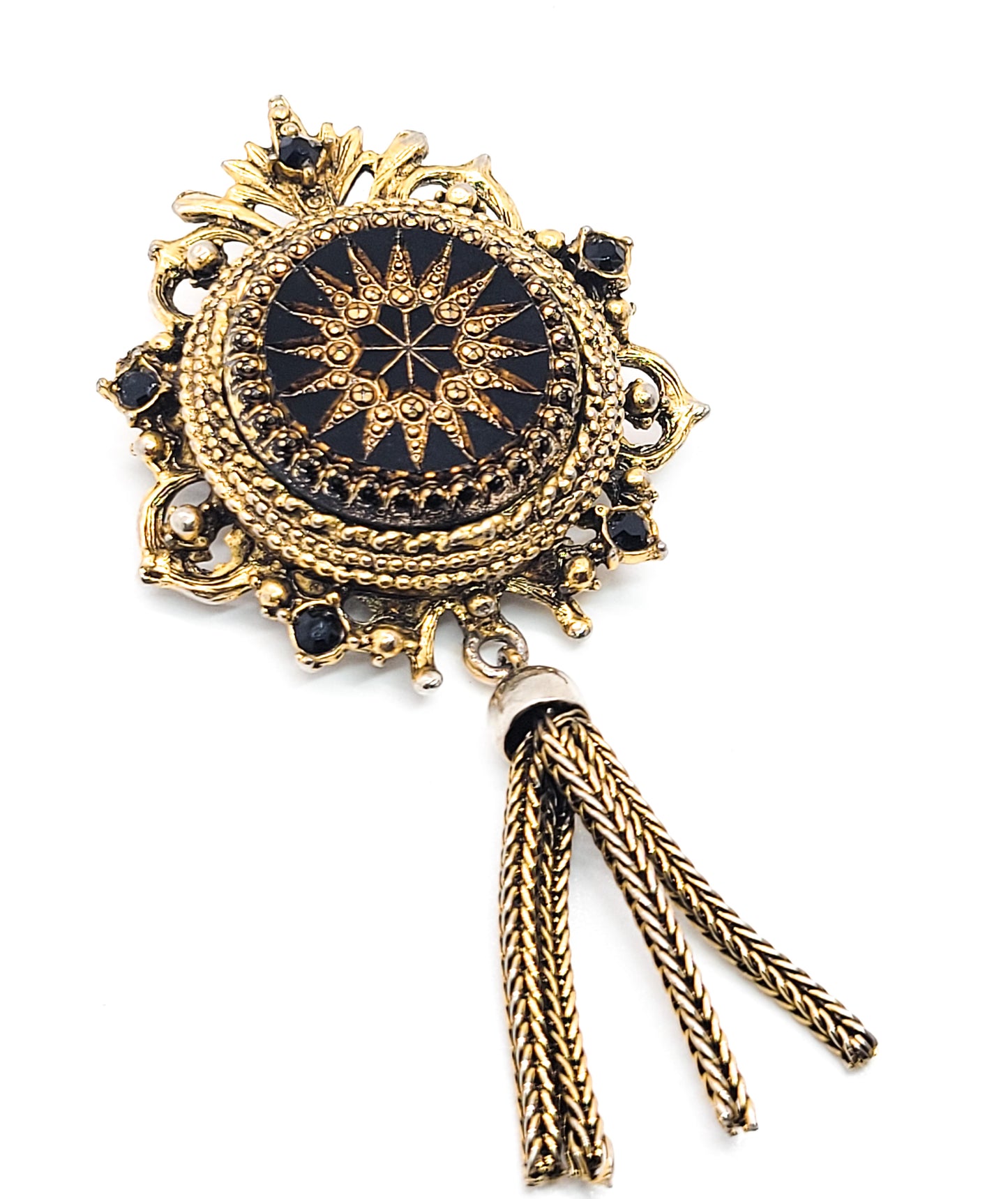 Denise moroccan style black and gold glass tassel rhinestone vintage brooch pendant