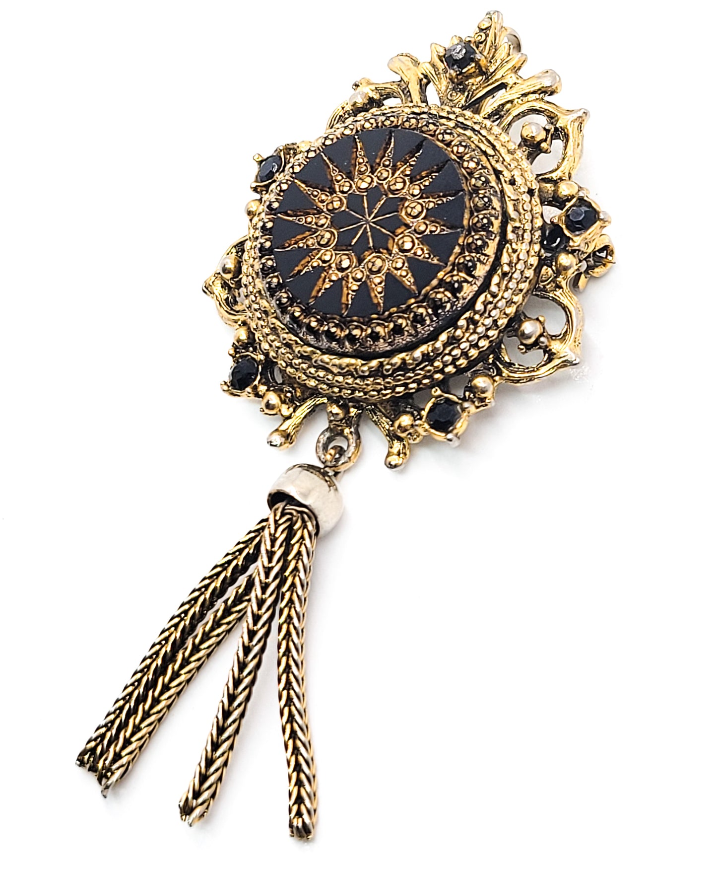 Denise moroccan style black and gold glass tassel rhinestone vintage brooch pendant
