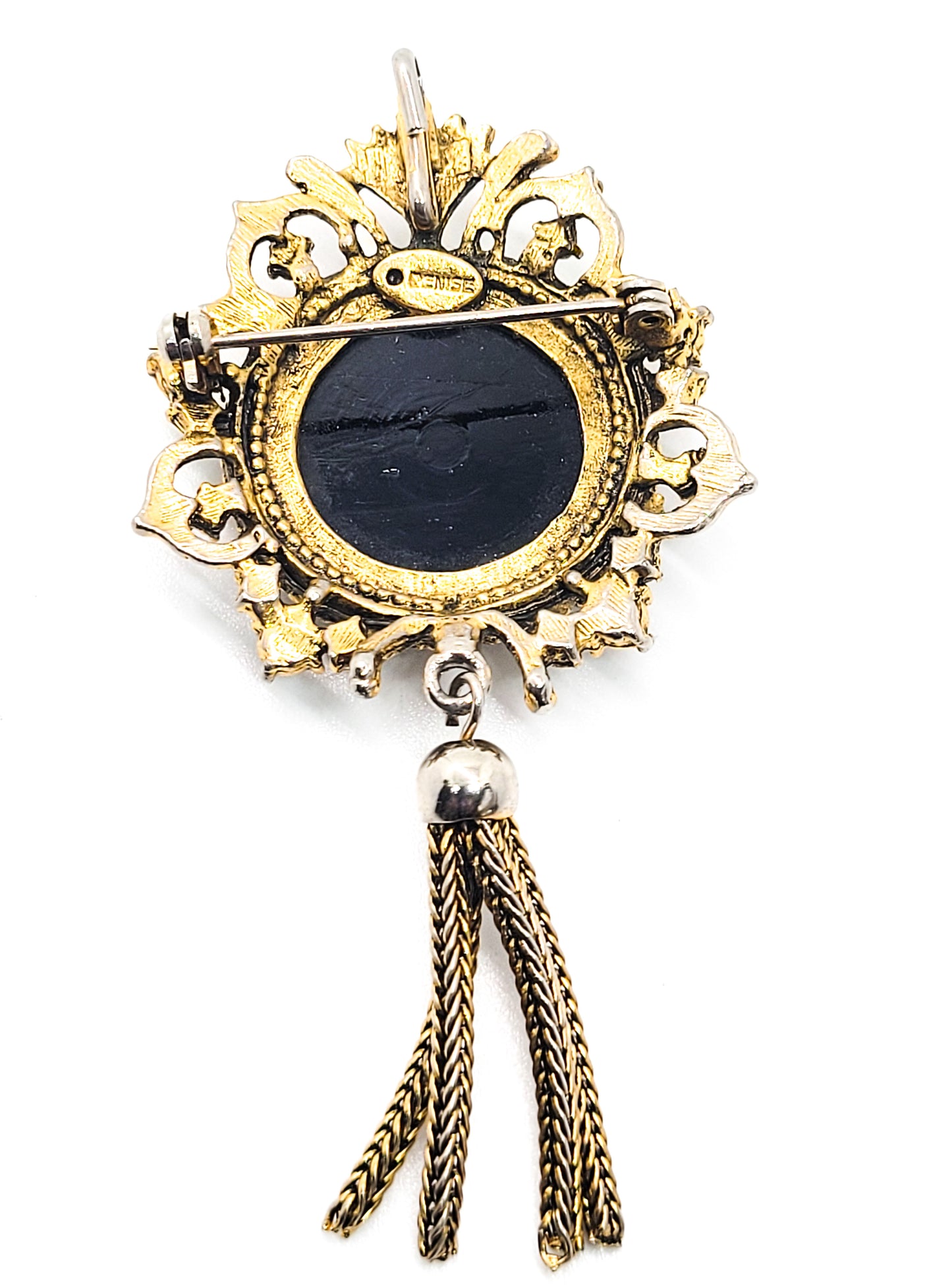 Denise moroccan style black and gold glass tassel rhinestone vintage brooch pendant