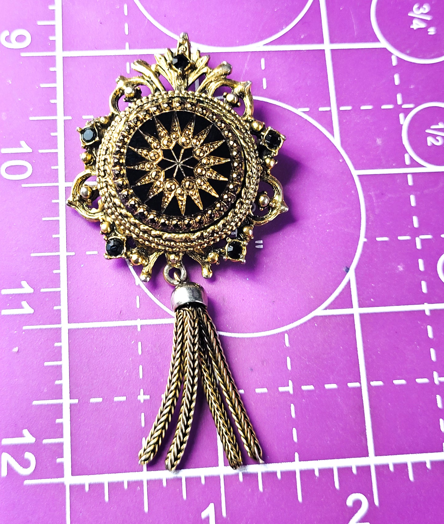 Denise moroccan style black and gold glass tassel rhinestone vintage brooch pendant