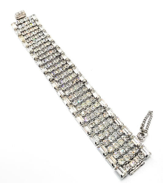 Large 6 row clear rhinestone mid century vintage cuff statement bracelet