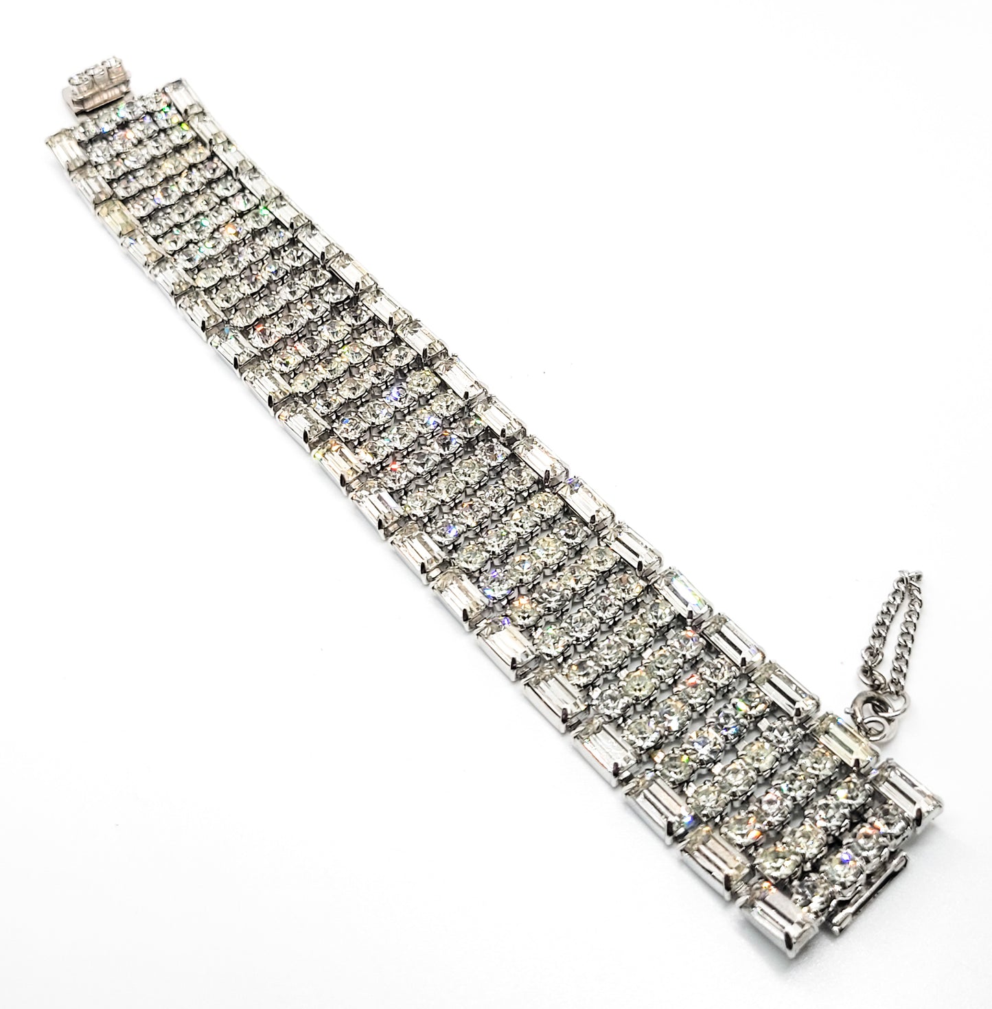 Large 6 row clear rhinestone mid century vintage cuff statement bracelet