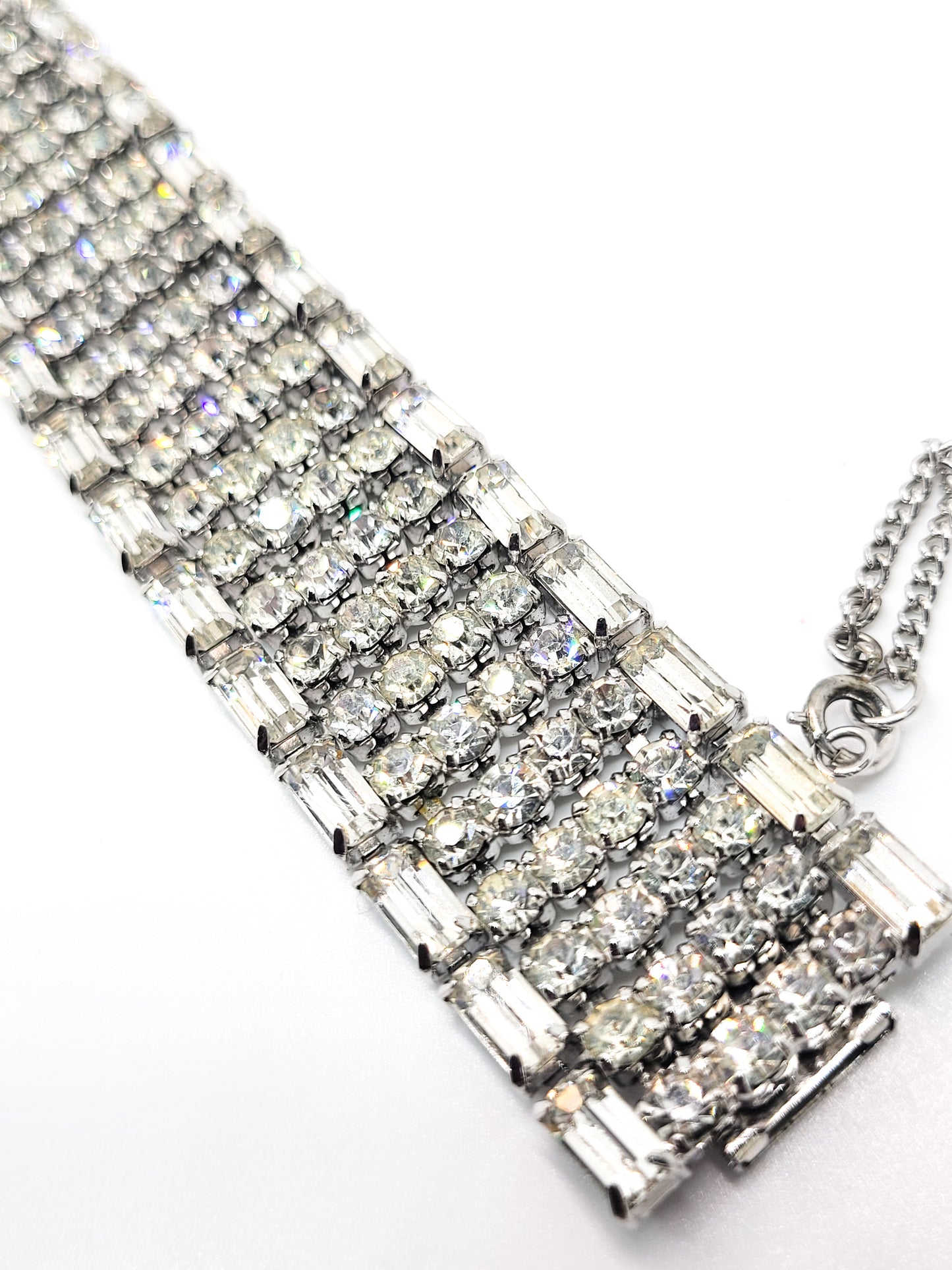 Large 6 row clear rhinestone mid century vintage cuff statement bracelet